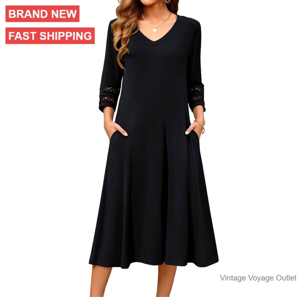 3/4 Sleeve V-Neck Midi Dress with Pockets, Loose Fit Casual Wear